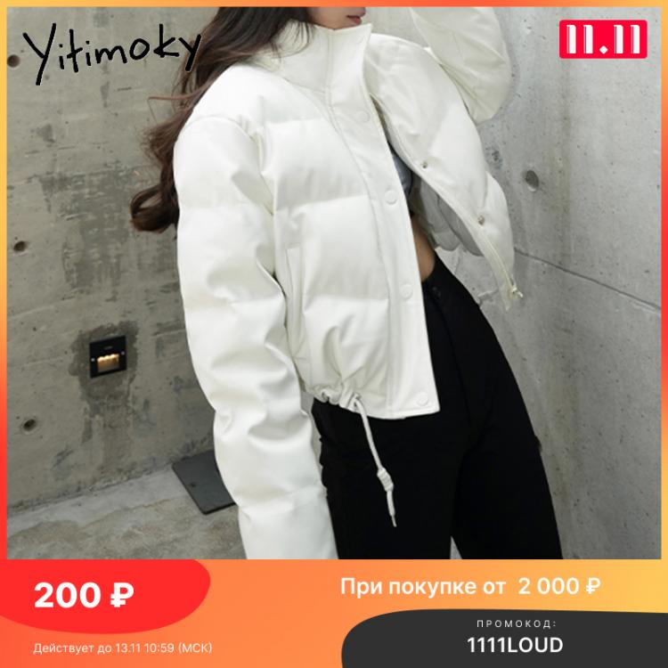 all in one place בגדי נשים Yitimoky 2021 New Woman Jacket White Short Coat Stand Collar Cotton Winter Clothing Fashion Warm Female Padded Drawstring Parkas