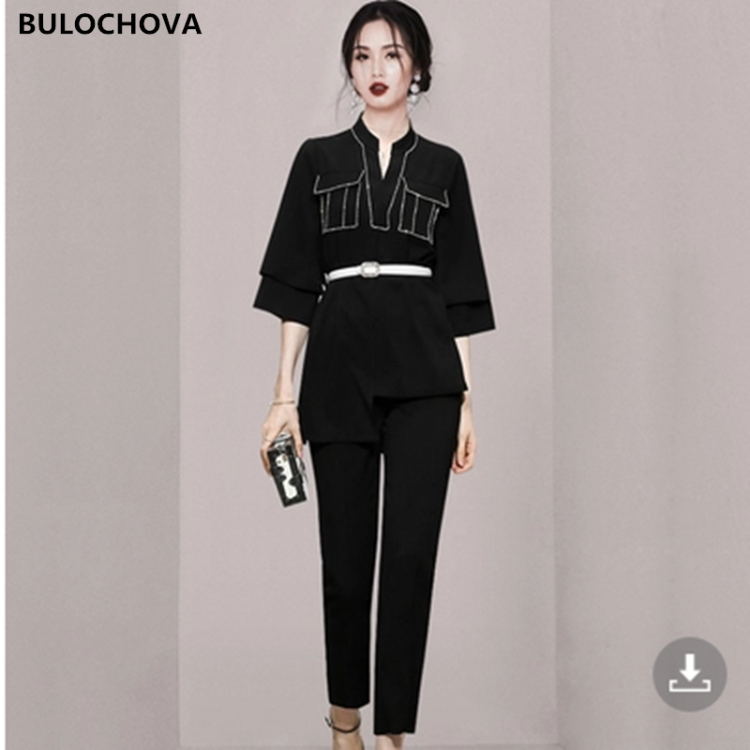 all in one place בגדי נשים 2021 Autumn Fashion Women's Pants Suits With Belt V Neck Nail Drill Loose Tops + High Waist Straight Full Length 2 Piece Set