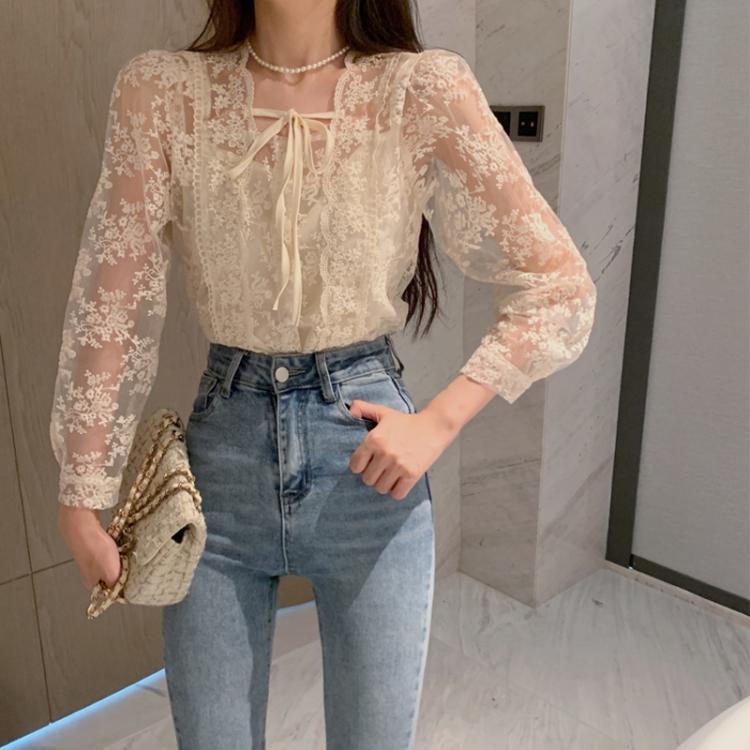 all in one place בגדי נשים HziriP 2021 Hot Autumn Ladies Shirt Lace Spliced Ruffled V-Neck Long-Sleeved Casual Gentle Solid Color Camisole Two-Piece Sets
