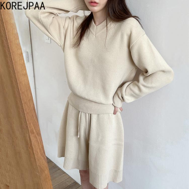 all in one place בגדי נשים Korejpaa Casual Fashion Two Piece Set Women Autumn V-neck Long Sleeve Knitted Pullover High Waist Drawstring Wide Leg Shorts