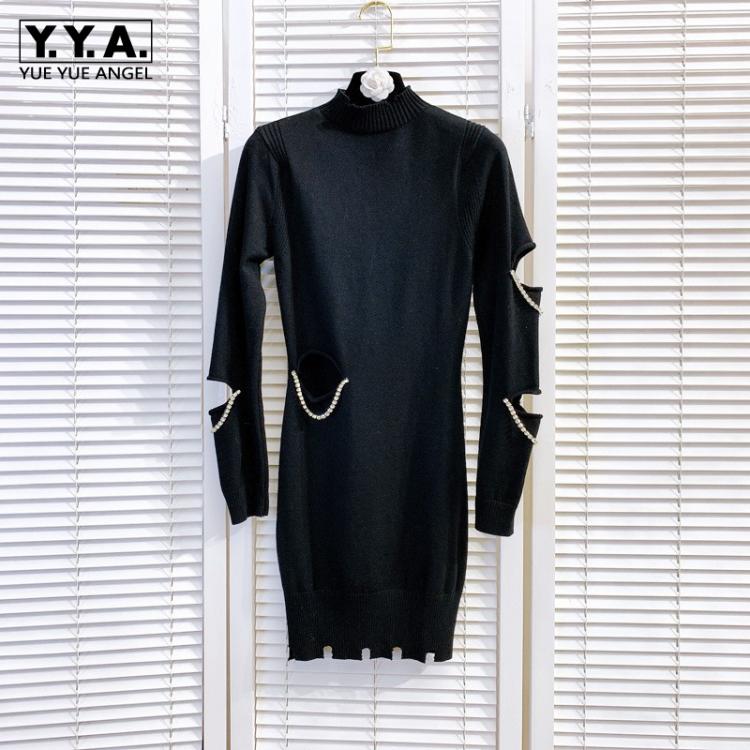 all in one place בגדי נשים Elegant Black Long Sleeve Dress Women Streetwear Diamonds Chain Slim Pullover Mid Dress Half High Collar Hollow Knitting Dress