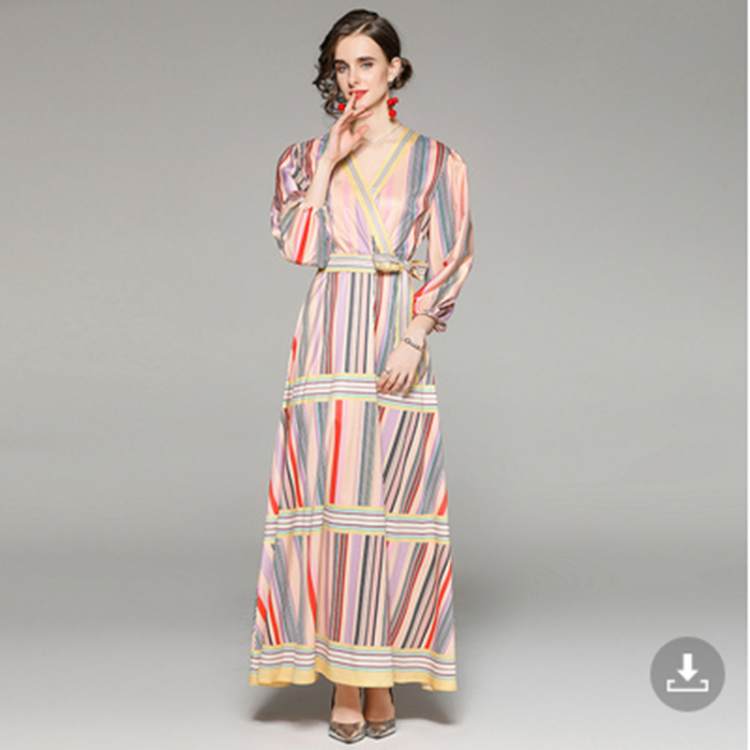 all in one place בגדי נשים Women's Clothing Of Large Sizes Fashion V Neck Print Stripes Belt Long Dress 2021 Autumn Designer High Waist A Line Vestidos 