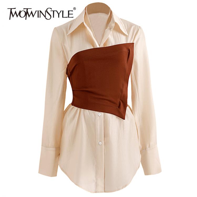 all in one place בגדי נשים TWOTWINSTYLE Solid Color Shirt For Women Lapel Collar Long Sleeves Slim Fit With Corset High Waist Shirts Female 2021 Autumn New