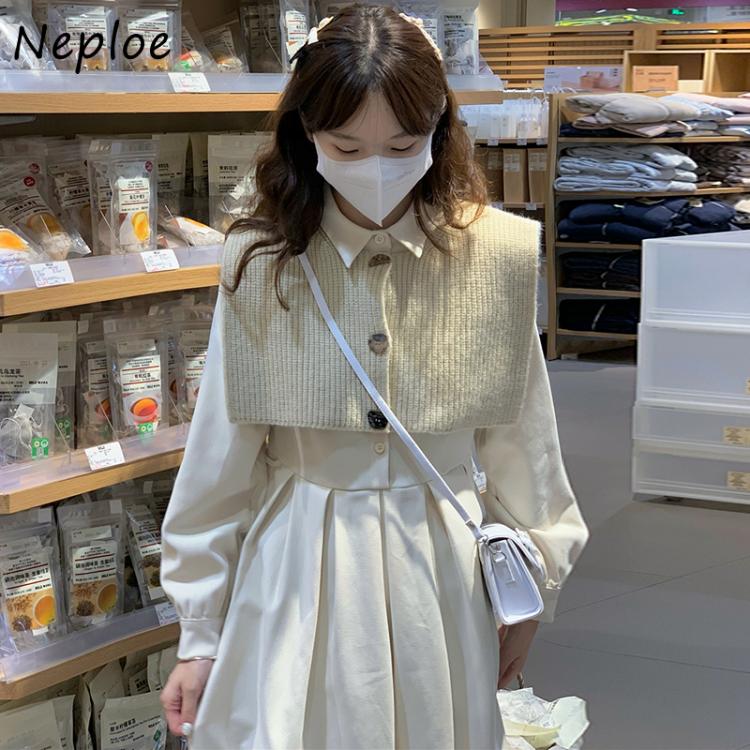all in one place בגדי נשים Neploe Autumn Gentle Style Dress 2pcs Women Long Sleeve High Waist Pleated Dress + Button Outer Wear Sweater Shawl Two-piece