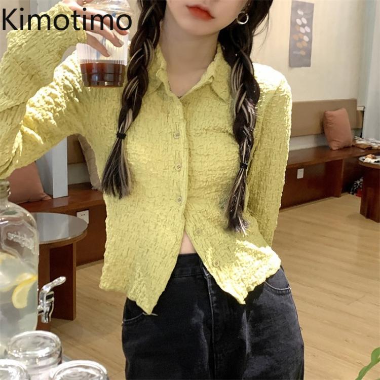 all in one place בגדי נשים Kimotimo Folds Shirts Women 2021 Autumn Design Turn-down Collar Solid Crop Top Korean Chic Slim Long Sleeve All-match Blouse Ins