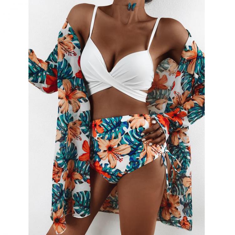 all in one place בגדי נשים 2021 New Sexy Three Pieces Bikini Set Cover Up Swimwear Women Swimsuit Print Long Sleeve Bathing Suit Beachwear Swimming Biquini