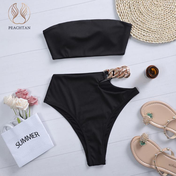 all in one place בגדי נשים Peachtan Solid bikini 2021 High waist swimwear female Chain swimsuit women Bandeau 2 pieces set Sports bathing suit Ribbed new