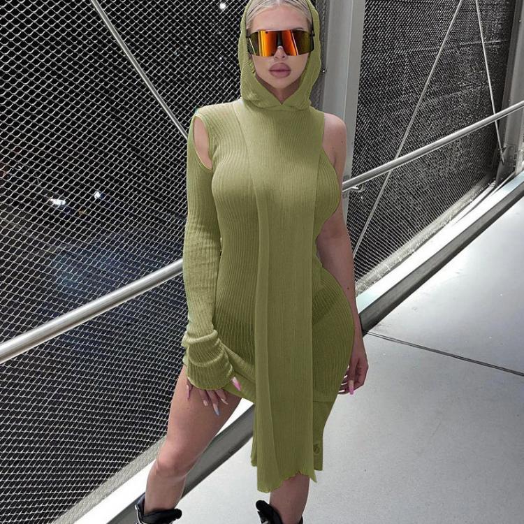 all in one place בגדי נשים Knitted Hooded One Shoulder See Through Drawstring Ruched Dress and Scarf Two Piece Set for Women Female Casual Wear Outfits