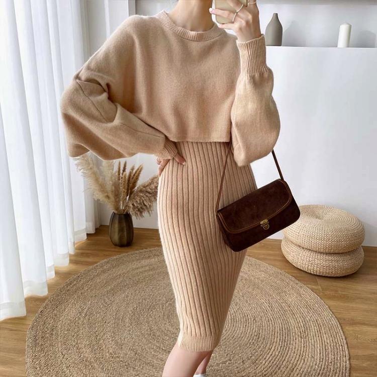 all in one place בגדי נשים Two Piece Set Female Sweater Dress Autumn Winter High Waist Knitted Ensemble Femme Medium Long Party Dresses Elegant Slim