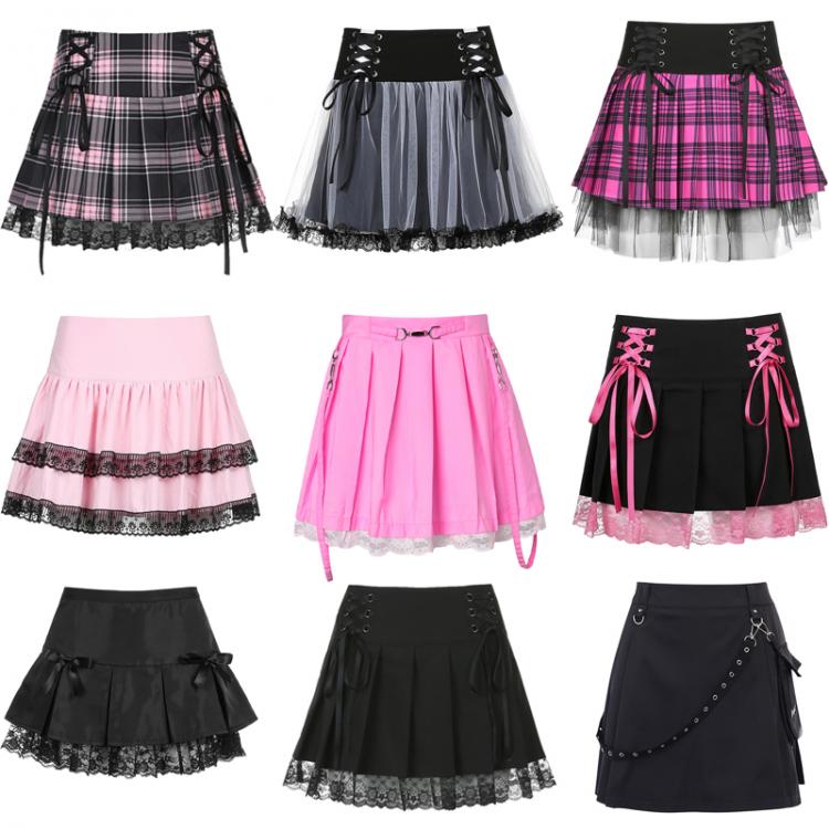 all in one place בגדי נשים E-girl Gothic Lace Mini Pleated Skirt Women Punk Y2K Aesthetic High Waist A-Line Short Skirt 90s Vintage Harajuku Streetwear