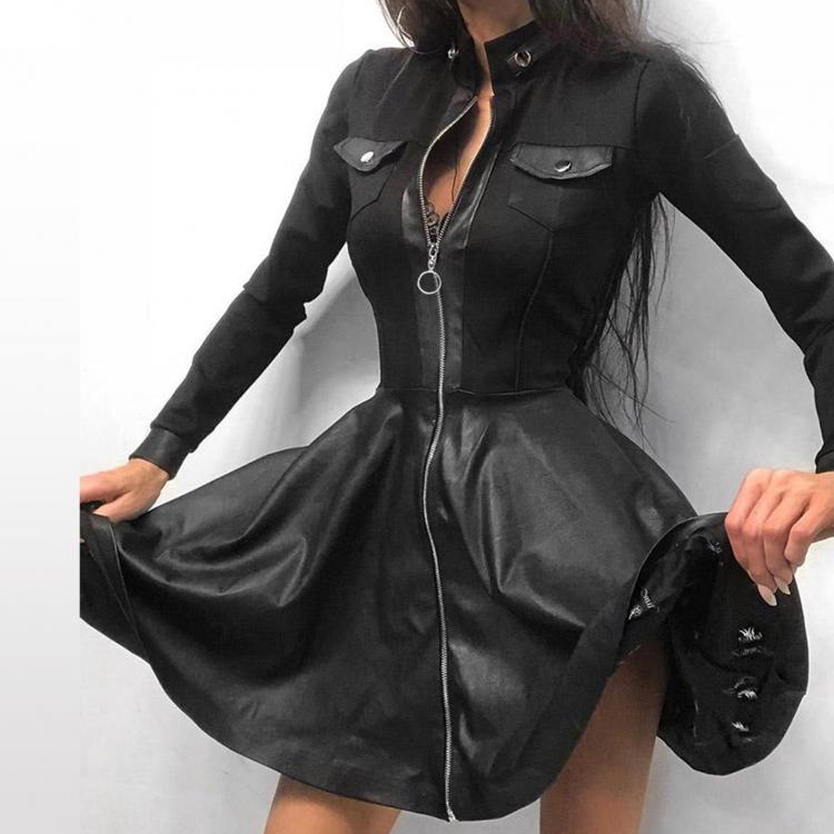 all in one place בגדי נשים Fashion Women Lace Long Sleeve Zipper Pocket Large Hem Faux Leather Mini Dress