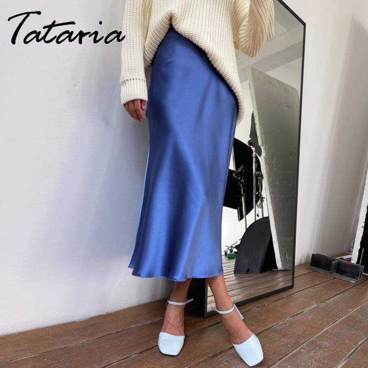 all in one place בגדי נשים Tataria Silk Satin Skirts for Women High Waisted Skirt 2021 Women A-Line Elegant Skirts Summer Pink Midi Skirt New Korean Style