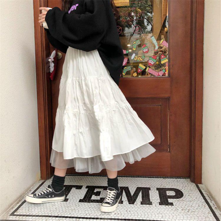 all in one place בגדי נשים Long Tulle Midi Skirts Womens 2020 Autumn Elastic High Waist Mesh Tutu Pleated Skirts Female Black White Long Skirt Streetwear