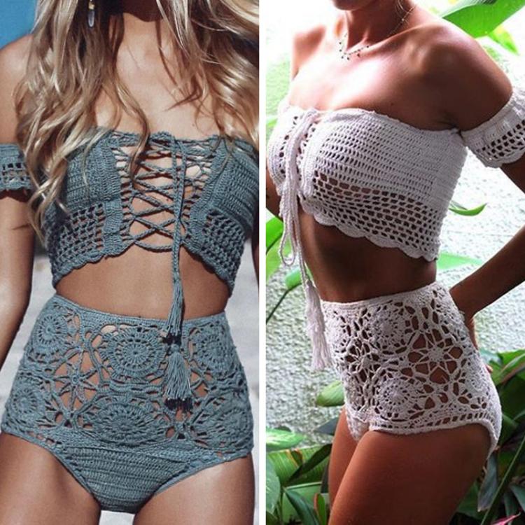 all in one place בגדי נשים Crochet High Leg Bandeau Bikini Set Swimwear Female Two Pieces Swimsuit High Waist Bikini Women Bathing Suit Biquini 2019 New