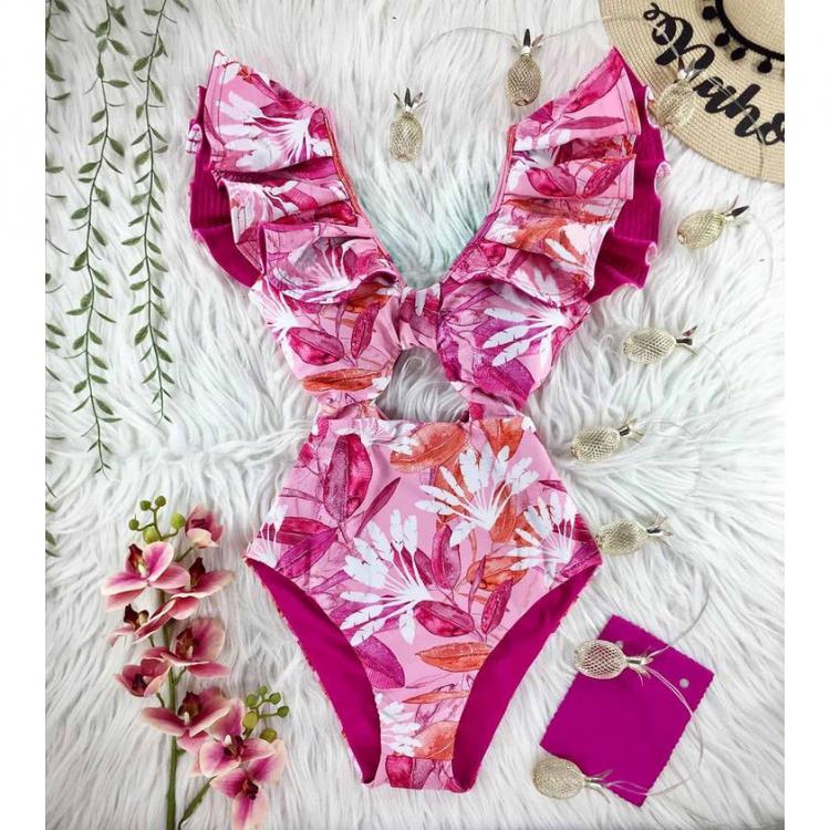 all in one place בגדי נשים 2021 New Print Swimwear Deep V-neck Ruffle Swimsuit Push Up One Piece Swimsuit Beach Wear Backless Monokini