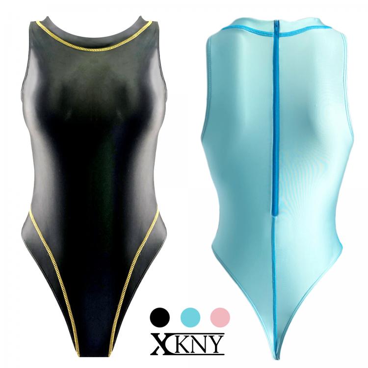 all in one place בגדי נשים XCKNY New one-piece T-shaped high fork swimsuit sexy tight glossy swimsuit women's back zipper oil gloss contrast color swims