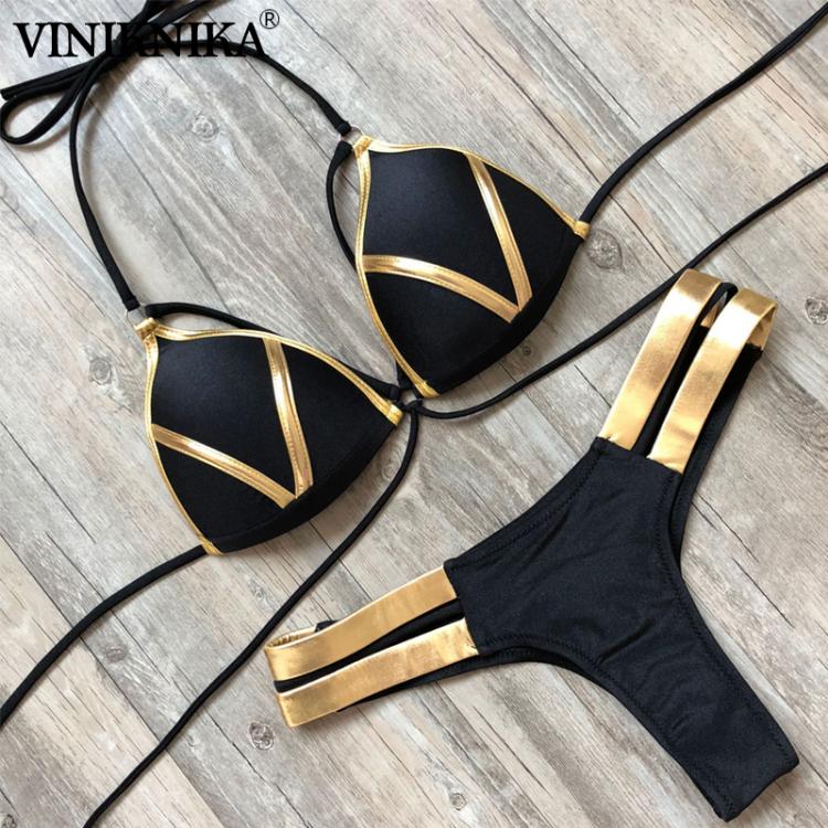 all in one place בגדי נשים Black Bandage Swimsuit 2020 Sexy Brazilian Bikini Push Up Swimwear Women Micro Bikinis Plus Size Beachwear Shiny Gold Beachwear