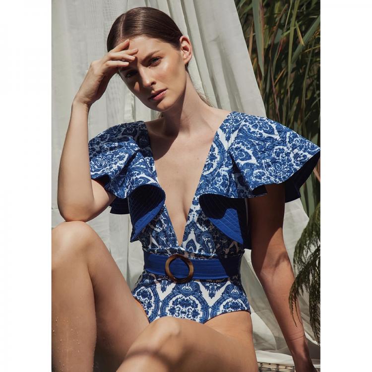 all in one place בגדי נשים 2021 New Sexy Ruffle Print Floral One Piece Swimsuit Blue and white porcelain Swimwear Women Bathing Suit Deep-V Beachwear