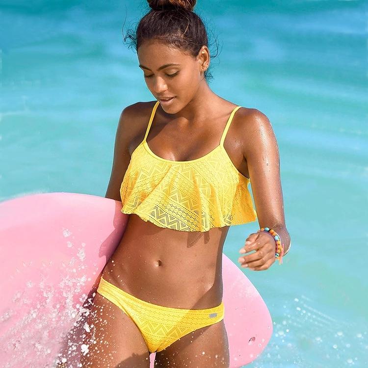all in one place בגדי נשים Yellow/Black/White/Red/Green Solid Bikini Set Sexy Low Waist Mesh Beach Swimwear Women Lace Up Flounce Summer Brazilian Swimsuit