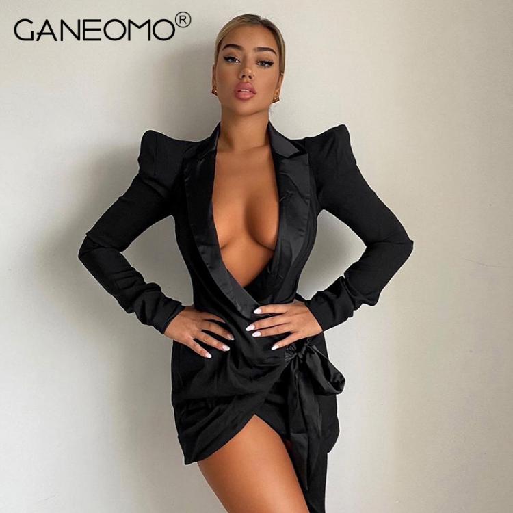 all in one place בגדי נשים Black Sexy Long Sleeve Bodycon Mini Dress for Women Autumn 2021 Elegant Lace Up Blazer Dresses Party Evening Tight Short Dress