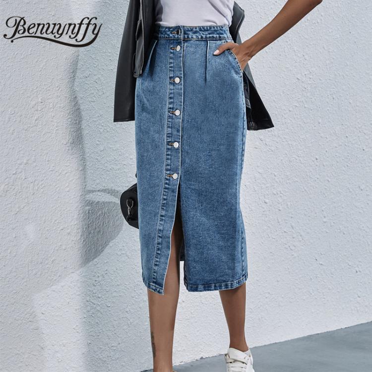 all in one place בגדי נשים Benuynffy Single Breasted Knee Length Denim Skirt Women Streetwear Casual Pocket High Waist Straight Jeans Skirt New