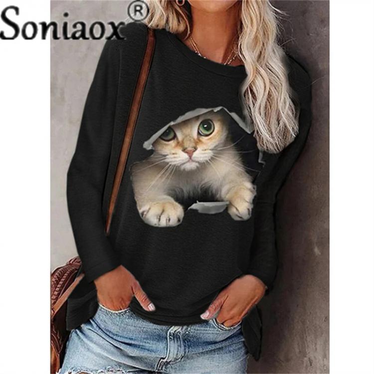 all in one place בגדי נשים Women Long Sleeve Casual T-Shirt 2021 New Autumn O-Neck Printed Loose Tops Cartoons Funny Cats T-Shirt Fashion Lady Streetwear