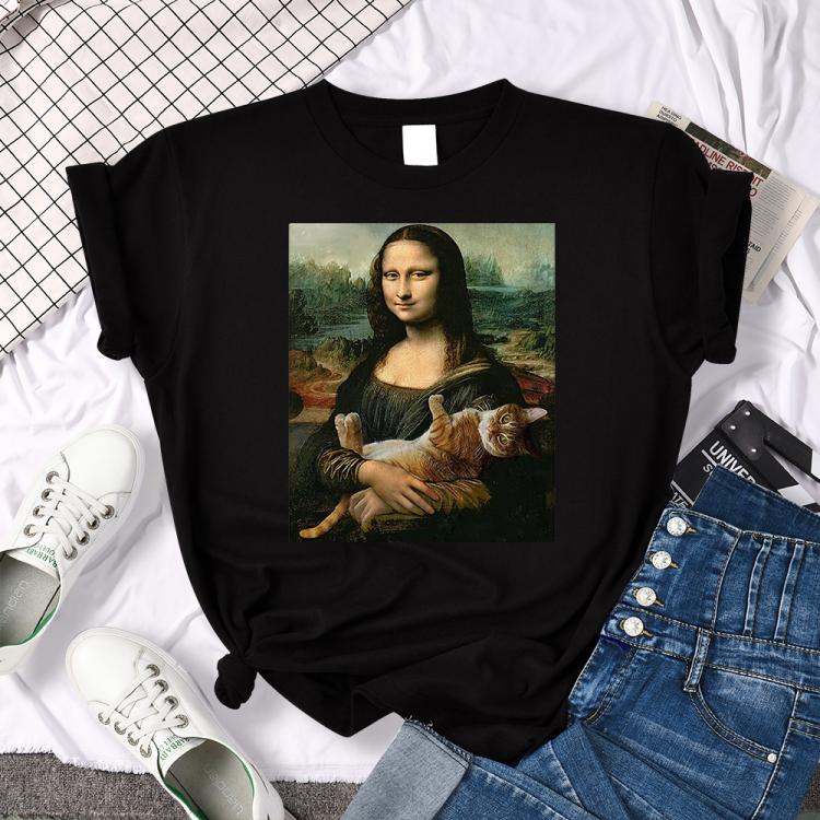 all in one place בגדי נשים T Shirts Mona Lisa Hugging Cat Lovely Cute Printed T-Shirt For Women'S Crewneck Gothic Women Tshirt Casual Oversize Tee Shirt