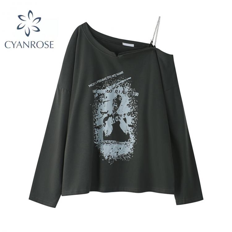 all in one place בגדי נשים Women 2021 Autumn New Long Sleeve T-shirt O-neck Graffiti Printing American Style Vintage Fashion Casual Korean Pullover Tee Top