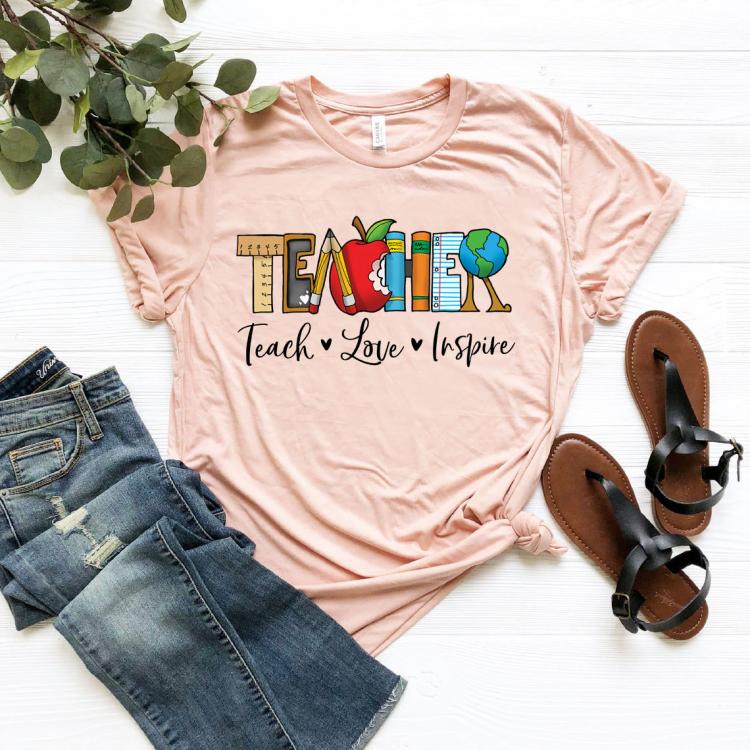 all in one place בגדי נשים Inspirational Teacher Women Shirts Teach Love Inspire Shirt Back To School Tee Teacher Appreciation Tshirts Unisex Casual Tops