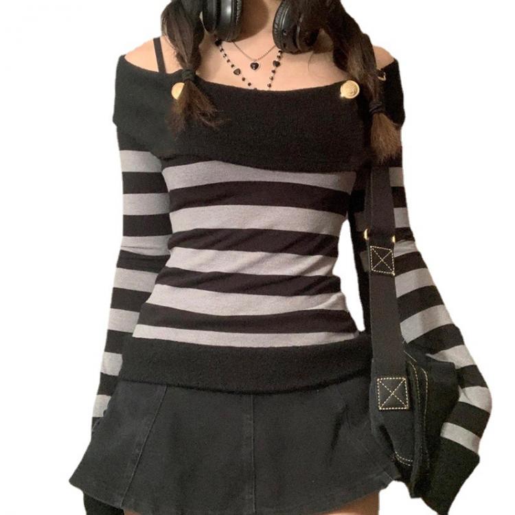 all in one place בגדי נשים Retro black and white striped long-sleeved pullover top fashion shirt slash neckline button one-word neck strapless sexy top