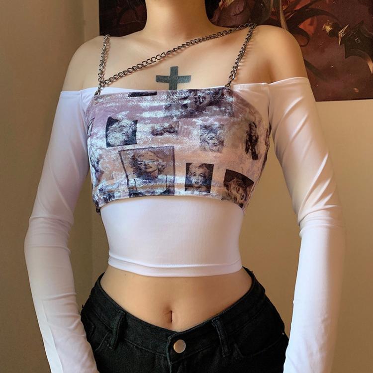 all in one place בגדי נשים Harajuku Sexy Purple Crop Tops Gothic Streetwear Metal Chain Halter Off Shoulder Tops Women Chic Punk Long Sleeve Tops Clothes