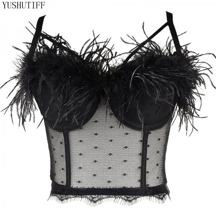 all in one place בגדי נשים Tanks Camis Sexy Top Lace See-Through Feather Female Crop Top Women Solid Camis Tops With Built In Bra Push Up Bustier Bralette