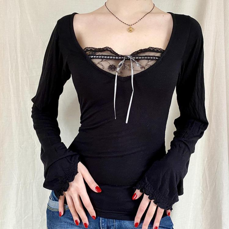 all in one place בגדי נשים Y2K Top Lace Crop Bow Frill Kawaii Black Woman Tshirts VNeck Full Sleeve Women Sexy Tops Vintage Harajuku Tshirt Women Pullovers