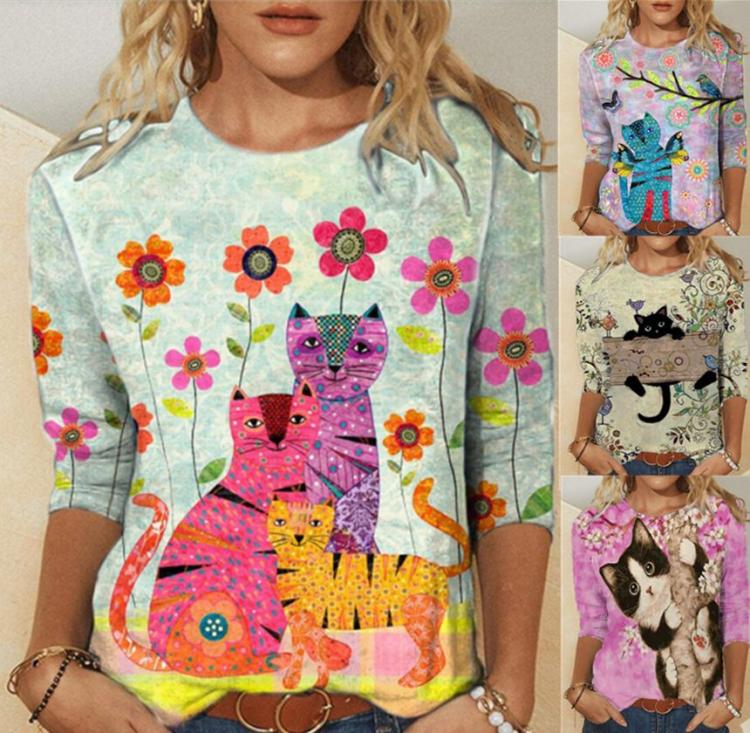 all in one place בגדי נשים Element Cat Print T-Shirt Women Long Sleeve Pullover O Neck Top Casual Loose Plus Size Ladies Tops