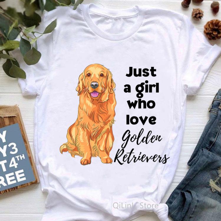 all in one place בגדי נשים Just A Girl Who Loves Golden Retrievers Graphic Tees Women Pet Dog Mom/Lover Mothers Day Gift Funny Tshirt White T-Shirt Summer