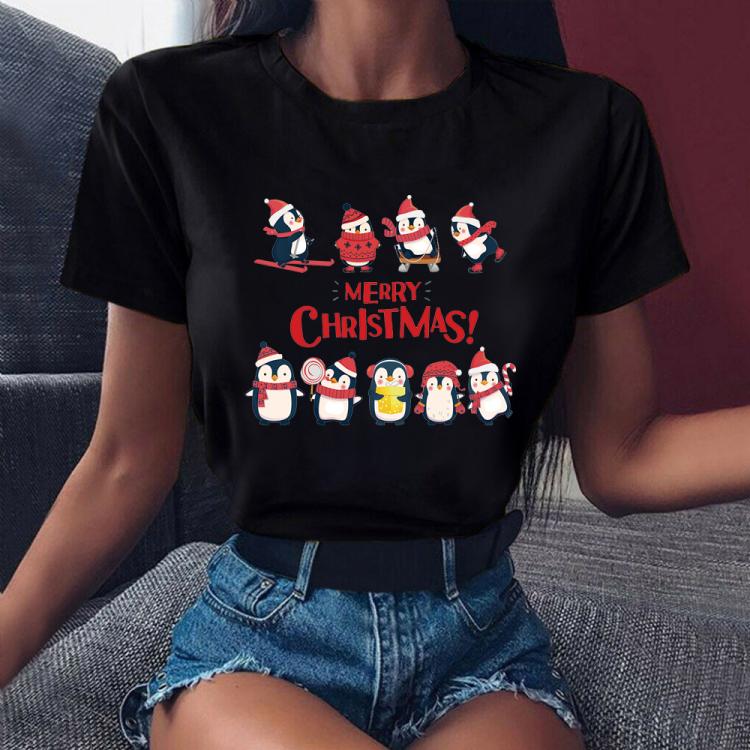 all in one place בגדי נשים ZOGANKI Merry Christmas Women T-shirt Cute Cartoon Penguin Graphic Printed Unisex Black Tshirts Girls Boys Short Sleeve Tops Tee