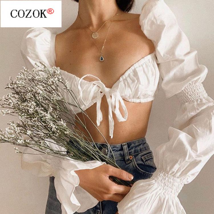 all in one place בגדי נשים European and American Style New 2021 Fall/winter Women's Trumpet Sleeves Neckline Sexy Slim Cropped Short T-shirt
