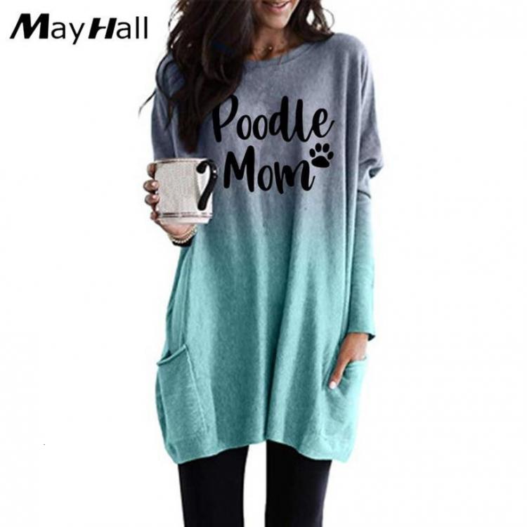 all in one place בגדי נשים New Arrival T-Shirt For Women Poodle Mom Letters Print Gradient Long Sleeve Pocket T-Shirt For Women Tops Plus Size Funny Femme