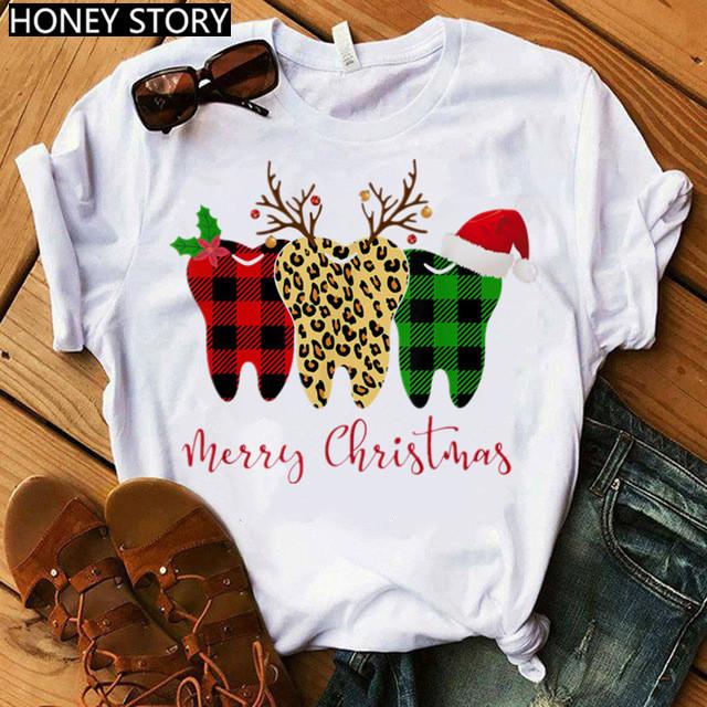all in one place בגדי נשים ZOGANKIN Dentist Christmas T-shirt Dental Squad Print T Shirt For Women Funny Christmas Short Sleeve Female Casual Cotton Cloth