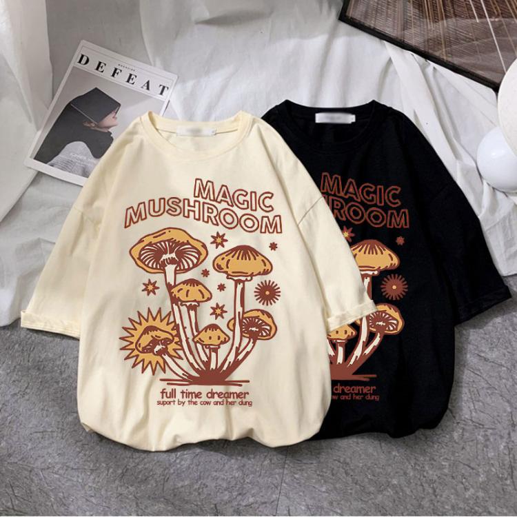 all in one place בגדי נשים Cotton Material Retro Apricot Mushroom Cute T Shirts O-neck Casual Summer Plus Size Woman Tshirts 2021Fashion Streetwear Clothes