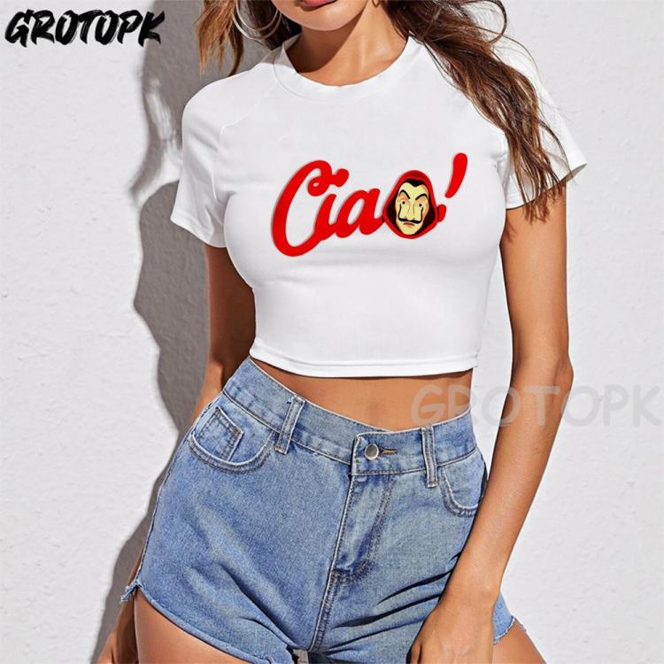 all in one place בגדי נשים The House of Paper T-shirt Women La Casa De Papel Tshirt Funny Crop Top Sexy Fashion Summer Harajuku Tops Female Crop Top TShirt