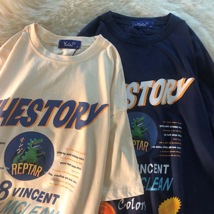 all in one place בגדי נשים 10JQK-American retro trend oversized Harajuku round neck T-shirt women dinosaur pure cotton loose wild short-sleeved men