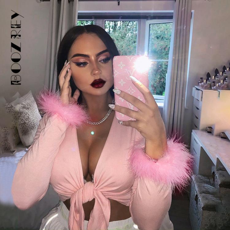 all in one place בגדי נשים BoozRey Women Long-sleeved T-shirt with Hairy Tie 2021 Spring and Autumn Short Fashion Top Black Color All-match Y2k Clothes