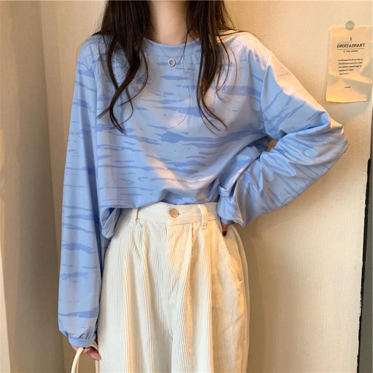 all in one place בגדי נשים autumn Women T shirt Korean casual Long Sleeve Tie dye tops Loose short t-shirt Harajuku blue crop top woman tshirts streetwear