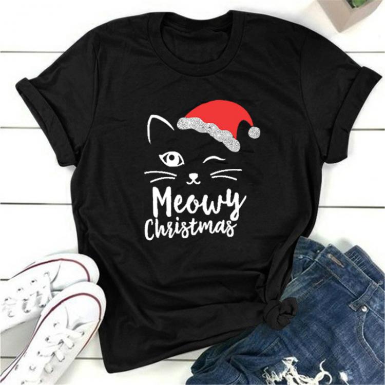 all in one place בגדי נשים Cat Face Meowy Christmas Print Women T Shirt Short Sleeve O Neck Loose Women Tshirt Ladies Tee Shirt Tops Camisetas Mujer