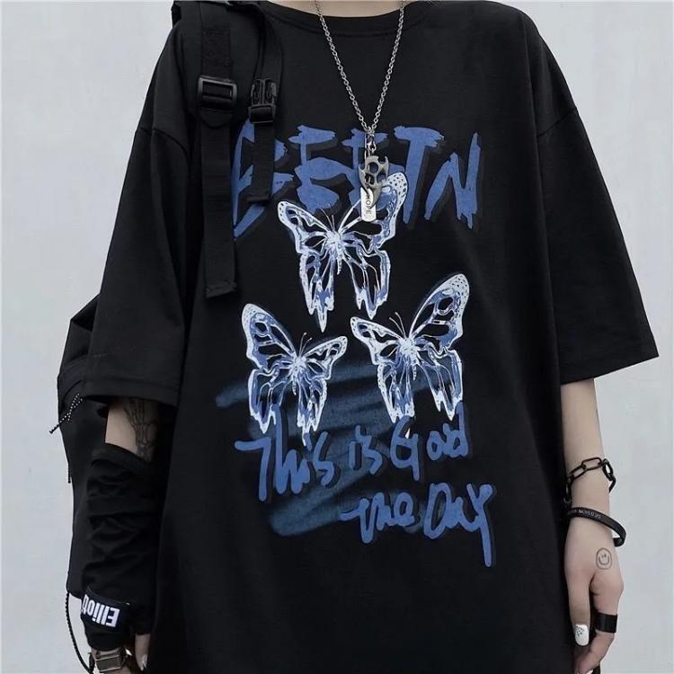 all in one place בגדי נשים Punk Hip Hop Butterfly Graphic Print Loose Short Sleeve Women T-shirt Summer Harajuku Casual Tee Korean Cartoon Y2K Street Wear
