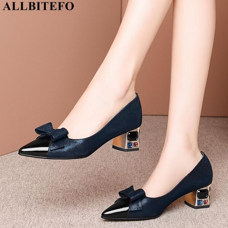 all in one place בגדי נשים ALLBITEFO Sweet Bowtie Full Genuine Leather High Heels Brand High Heels High Heel Shoes Party Women Heels Office Ladies Shoes