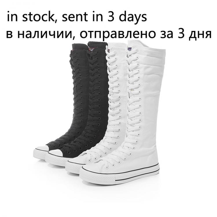 all in one place בגדי נשים 2021New Spring autumn Women Shoes Canvas Casual High Top Shoes Long Boots Lace-Up Zipper Comfortable Flat boots sneakers