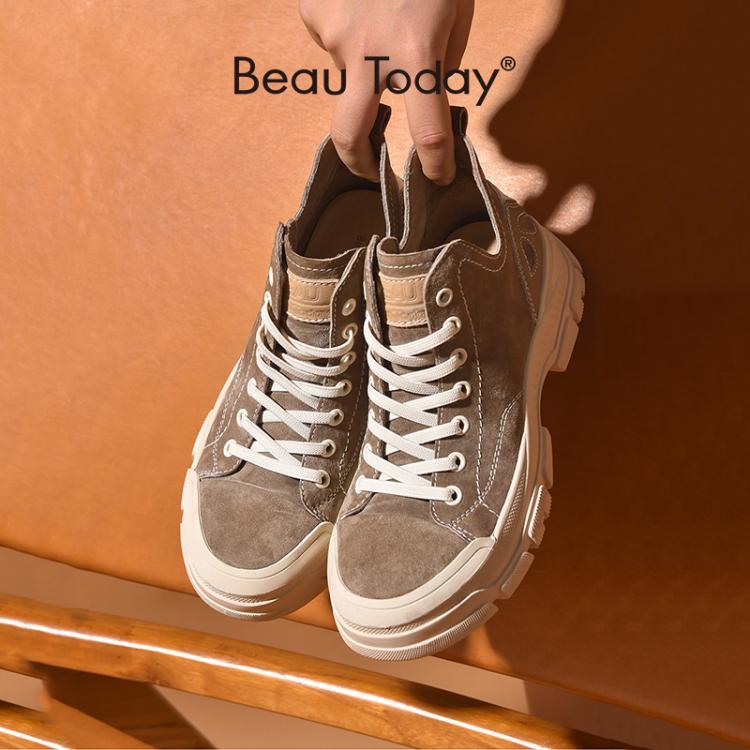 all in one place בגדי נשים BeauToday Casual Sneakers Women Suede Leather Round Toe Lace-Free High Top Ladies Retro fashion Flat Shoes Handmade 29575