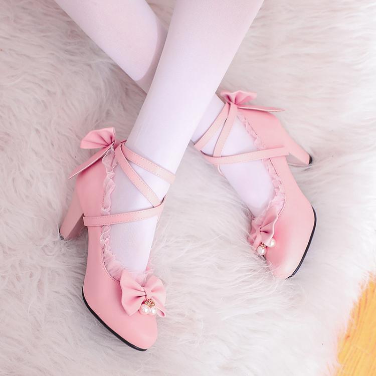 all in one place בגדי נשים YQBTDL Cross Strap Women Spike High Heels Mary Jane Shoes Party Wedding Cosplay White Pink Ruffles Bow Princess Lolita Pumps 43